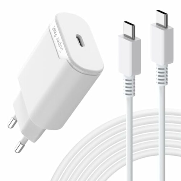 25 Watt USB C LadeKabel für Samsung Galaxy S23 5g, S22, S21, S20, A54, A53, A34, A33, A14, A13, M54, M53, M34, M33, M14, M13, Note20, Note10, Z Flip, Z Fold, Schnellladekabel mit Netzteil, Weiß