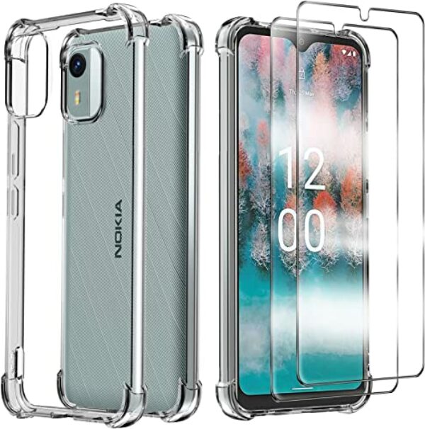 Anlxhj für Nokia C12 Hülle,mit 2 Stück Displayschutz Schutzfolie,Handyhülle Transparente Soft Silikon TPU Schutzhülle Bumper Case für Nokia C12 / C12 Pro / C12 Plus, Durchsichtig