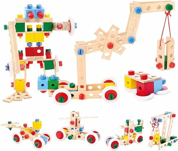 Bino Holz-Baukasten im Eimer, Spielzeug für Kinder ab 3 Jahre, Kinderspielzeug (Konstruktionsspielzeug, 120 teilig, zum Bauen von allerlei Konstruktionen, Motorikspielzeug aus Holz), Mehrfarbig