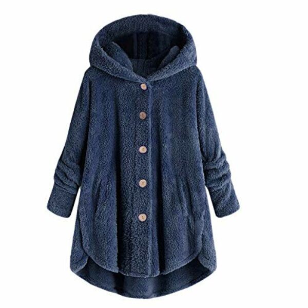 BSWFA Hoodie Damen Kapuzenpullover Button-Down Teddy-Fleece Pullover Herbst Winter Warm Oberteil Plus Size Langarm Fleecejacke Einfarbig Casual Sweatshirt mit Taschen (b-Navy, XXL)