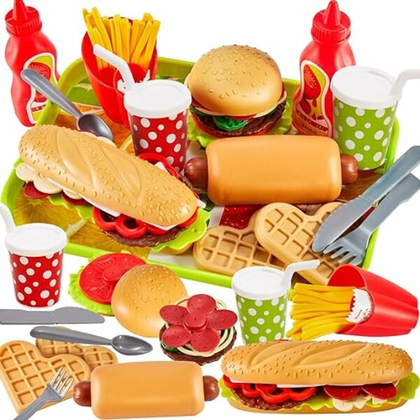 BUYGER Kinderküche Spielküche Zubehör für Kinder, Hamburger Fast Food Lebensmittel Kindergrill Spielzeug Matschküche Kinder Outdoor, Rollenspiele Geschenk