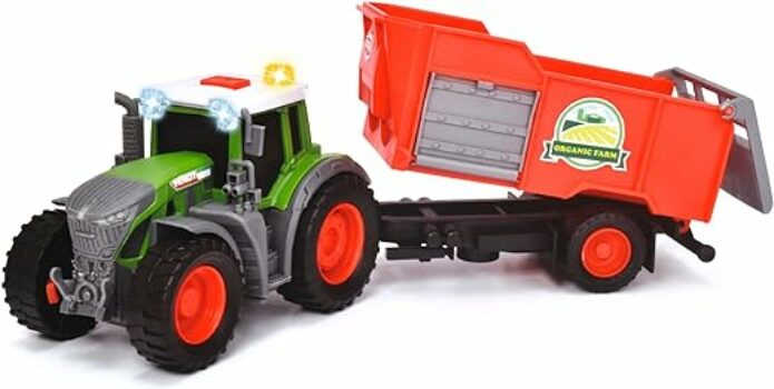 Dickie Toys - Fendt Traktor mit Anhänger (26 cm) - Traktor-Spielzeug für Kinder ab 3 Jahren mit Freilauf-Mechanik, Licht, Sound und weiteren Funktionen, inkl. Heuballen zum Spielen