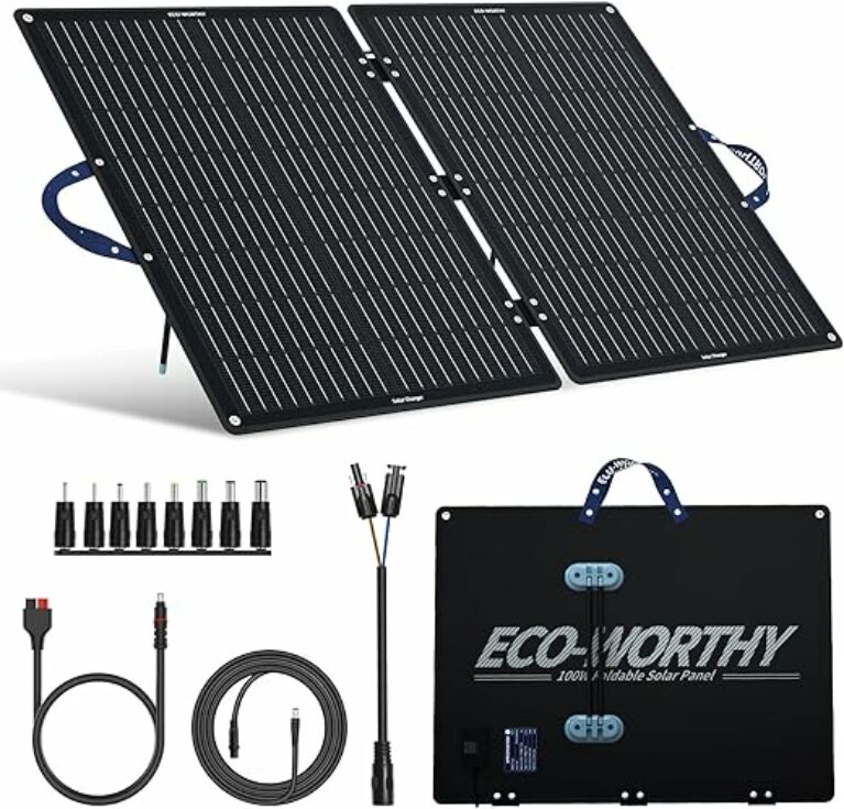 ECO-WORTHY 100W Solarpanel Faltbar Tragbar Monokristalline mit Verstellbarem Ständer, PV Kabel (9.84ft), MC-4 und 4 DC Adapter für Die Meisten Power Station, Wohnmobil, Wohnwagen, Outdoor Camping