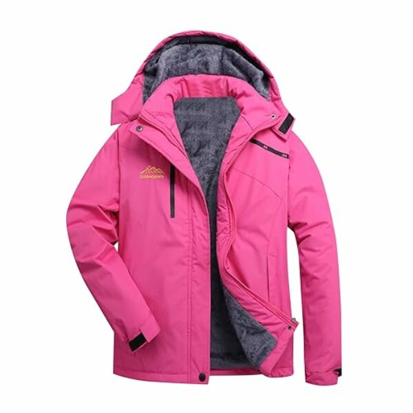 Elogoog Damen Wasserdichte Berg-Skijacke Winddichte Fleece Outdoor-Winterjacke mit Kapuze Herren Winter Fleecejacke Warme Gefüttert Skijacke Wasserdicht Jacke für Wandern Camping（Hot Rosa-B,L）