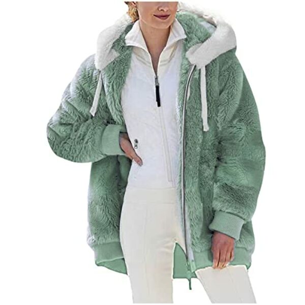 EMATOP Damen Kapuzenjacke Teddy Fleece Plüschjacke Farbblock Winterjacke Warm Mantel Casuale Hoodie Cardigan Outwear Plüsch Verdickt Jacke Elegant Softshelljacke Große Größe Fleecejacke