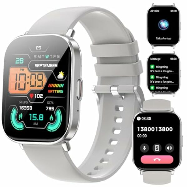 Fitonus Smartwatch Damen Herren mit Telefonfunktion, 2,01 Zoll HD Touchscreen Fitnessuhr Damen mit SpO2, Herzfrequenz, Schlafmonitor, Schrittzähler, IP68 wasserdichte Sportuhr für iOS Android, Silber