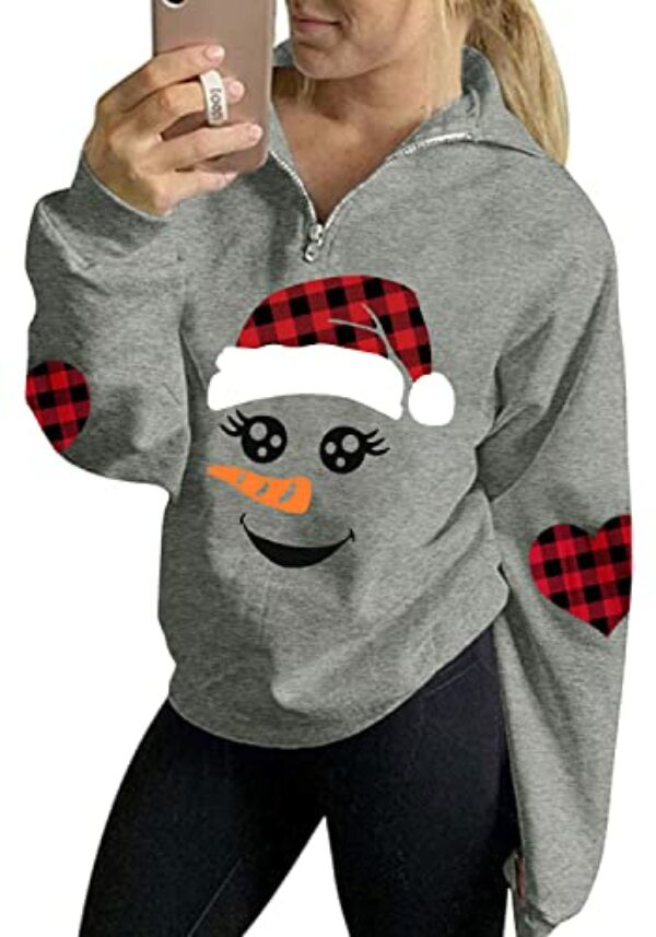 For G and PL Weihnachten Damen Sweatjacke Hoodie Schneemann Grau Sweatshirt Kapuzen Reißverschluss Pullover L