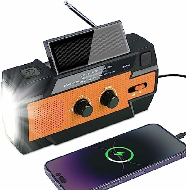 Forever Speed Kurbelradio, Solar Radio mit AM/FM, 4000mAh Wiederaufladbare Notfall Radio mit USB Handyladefunktion, LED Leselampe und SOS-Alarm Geeignet für Camping, Outdoor Orange