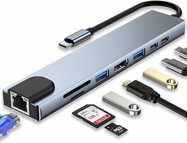 HUB, 8-in-1 Adapter mit 4K-HDMI, Type C 100W PD, USB C Port, USB 3.0, RJ45 Ethernet, SD/TF-Kartenles, Docking Station Kompatibel mit MacBook Pro/Air Laptop und Andere Geräte