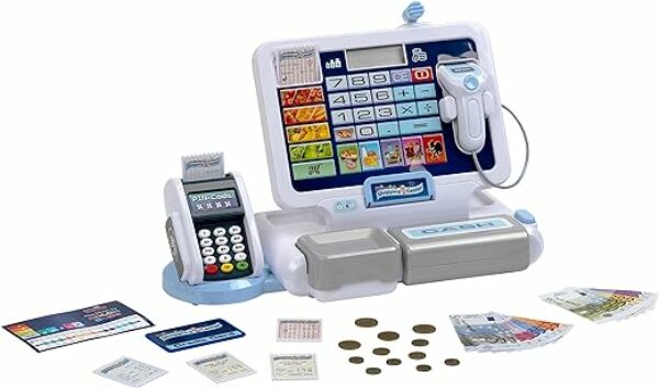 Klein Theo 9324 Tablet-Kassenstation I Spielkasse mit Sound und abnehmbarem Tablet, POS-Terminal, Sanner und Spielgeld I Maße: 33 cm x 14,5 cm x 22 cm I Spielzeug für Kinder ab 3 Jahren