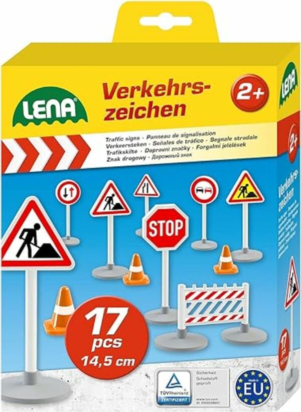 Lena 04440 - Verkehrszeichen Set mit 17 Teilen, mit 9 Verkehrsschilder ca. 16 cm, 5 Pylonen und 3 Bauzäunen, optimal für Lena Spielfahrzeuge Truxx, Worxx, Truckies, EcoAktives, Aktive und andere