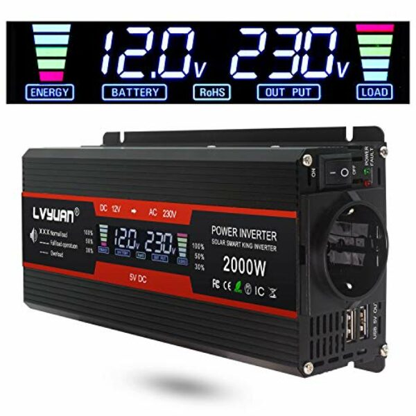 LVYUAN Spannungswandler 12V 230V 1000W / 2000W Wechselrichter LCD mit 2 USB