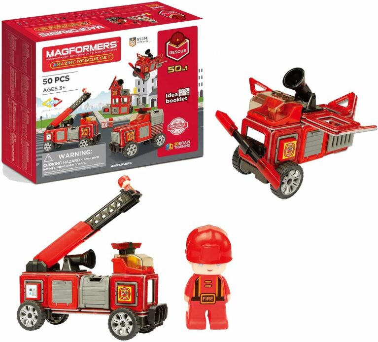 Magformers Fire Engine And Rescue Vehicle Set. Firefighters Magnetic Building Blocks Toy. Makes Over 50 Different Emergency Vehicles And Buildings. STEM Magnetic Tiles Toy For Children Aged Over 3.