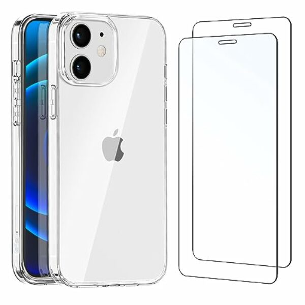 NEW'C Schutzhülle für iPhone 12, 12 Pro, ultra-transparent, Silikon, Gel, TPU, weich, 2 × Displayschutzfolie aus Hartglas