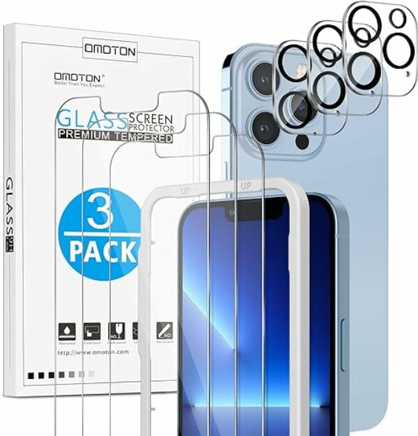 OMOTON für iPhone 13 Pro Panzer Schutz Glas mit Rahmen-Installationshilfe, 3+3 Stück Schutzglas,kompatibel mit iPhone 13 Pro Kamera Schutzfolie, [Anti- Kratzer], [Bläschenfrei], [9H Härte]