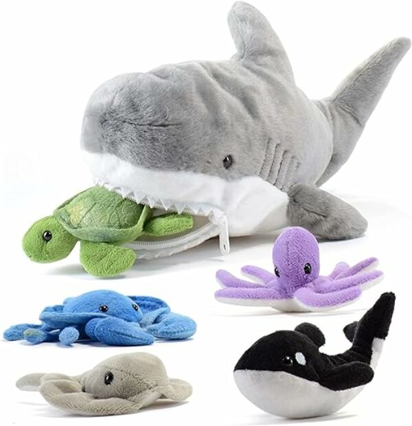 PREXTEX 38 cm großer Plüsch-Hai Plus 5 weiche Plüsch-Meerestiere, Kuscheltiere Stofftiere wie Oktopus, Krabbe, Schildkröte, Stachelrochen und Blauwal