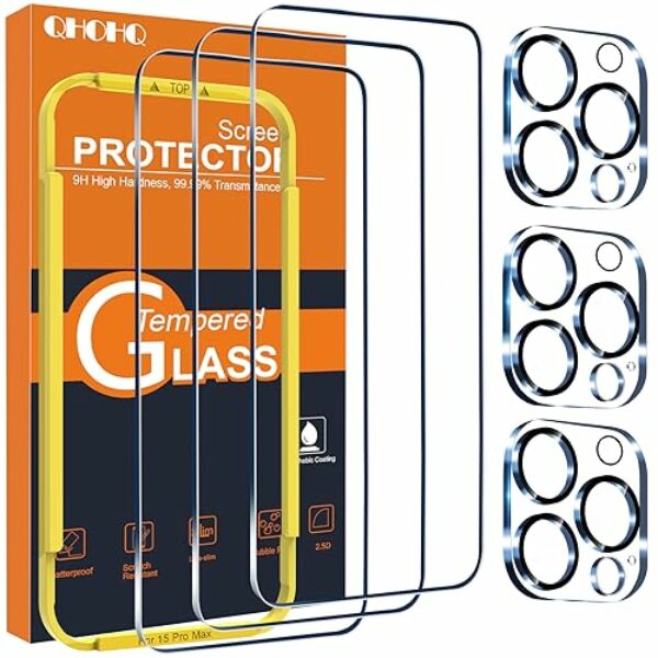 QHOHQ 3 Stück Panzer Schutz Glas für iPhone 15 Pro Max [6,7 Zoll] mit 3 Stück Kameraschutz, 9H Härte Schutzfolie, Ultra-Klar Displayschutzfolie, Anti-Kratzer, Bläschenfrei