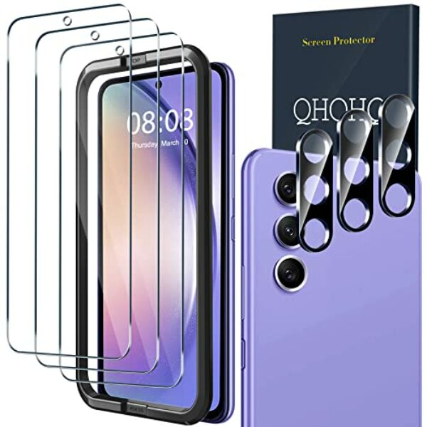 QHOHQ 3 Stück Panzer Schutz Glas für Samsung Galaxy A54 5G mit 3 Stück Kamera Panzerfolie, 9H Härte, Ultra-HD Displayschutzfolie, Anti-Kratz, Anti-Blasenfrei, Einfach Installieren