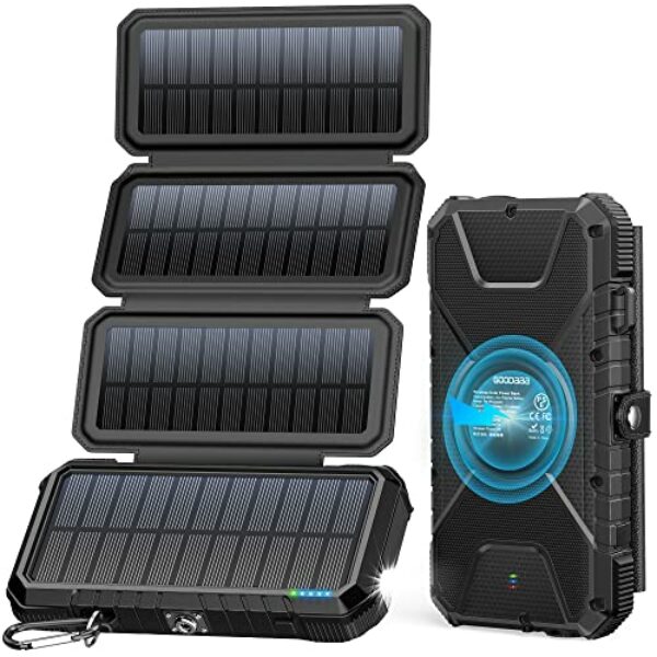 Solar Powerbank 26800mAh GOODaaa,Tragbare Solar Ladegerät mit 4 Solarpanels,solar akku powerbank Wireless Charging,Tragbare Powerbank 15W Schnellladung,mit LED-Taschenlampe,Outdoor,Camping (schwarz)