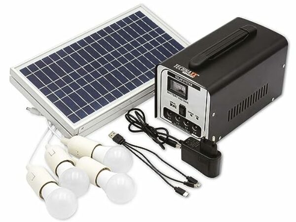 Technaxx 18W Solar Powerstation Set TX-200 mit einem faltbaren Solarpanel & 4x LED-Glühbirnen für Outdoor, Camping & Notfälle – Bis zu 36 Std. Arbeitszeit, USB-Ladeanschluss, Wiederaufladbare Batterie