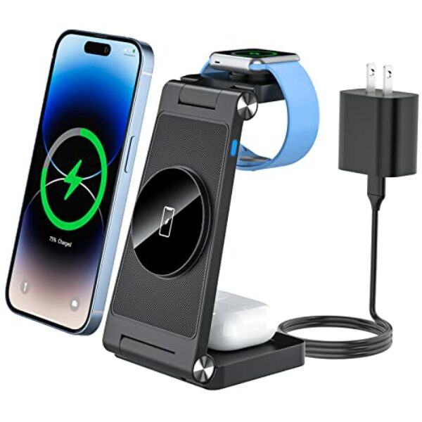 TOTU Ultra Magnetic 3-in-1 Wireless Charger: Foldable Charging Station for iPhone 14/13/12 Series, AirPods 3/2/Pro, and iWatch 2 - Travel Charger for Multiple Devices (Includes Adapter)