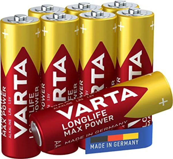 VARTA Batterien AA, 8 Stück, Longlife Max Power, Alkaline, 1,5V, für Digitalkamera, Controller, Blutdruckmessgerät, Made in Germany