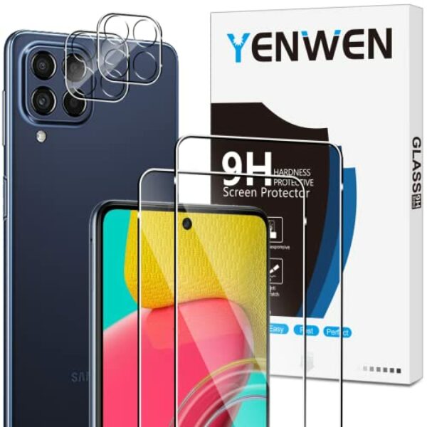 Yenwen Schutzfolie für Samsung Galaxy M53 5G für Panzerglas, 2 Stück Panzerfolie mit 2 Stück Kameraschutz, 9H Härte Schutzglas Anti- Kratzer Handy Folie HD Klar Displayschutz