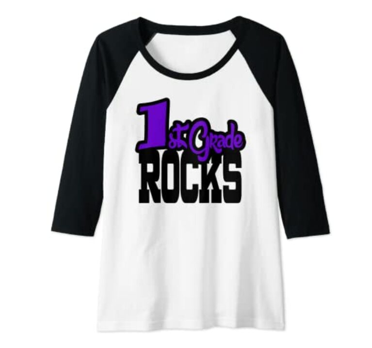 Damen T-Shirt mit Aufschrift "1st Grade Rocks", Violett Raglan