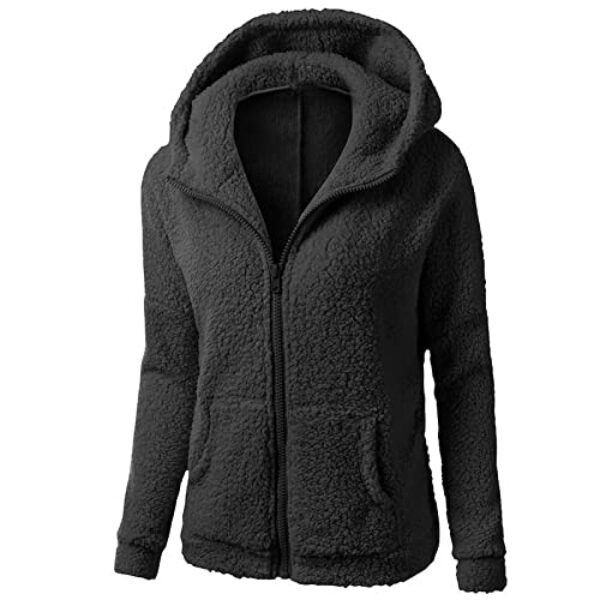 EMATOP Damen Kapuzenjacke Teddy Fleece Plüschjacke Casual Zip Hoodie Warm Gefüttert Sweatshirt Jacke mit Kapuze Fleecejacke Kuschelig Sweatjacke Sport Einfarbig Winterjacke für Herbst Winter