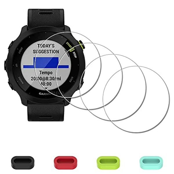 iDaPro Displayschutz Schutzfolie für Garmin Forerunner 55 Smartwatch + 4-teiliger Ladeanschlussschutz, 9H Härte Gehärtetes Glas Displayschutzfolie Einfache Installation [4 Stück]