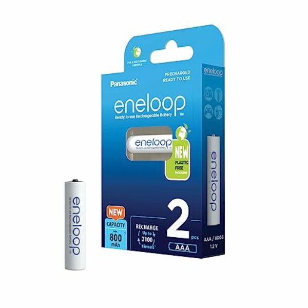 Panasonic eneloop, Ready-to-Use Ni-MH Akku, AAA/Micro, 2er-Pack, verbesserte Kapazität: min. 800 mAh, 2100 Ladezyklen, hohe Leistung & geringe Selbstentladung, wiederaufladbar, plastikfreie Verpackung