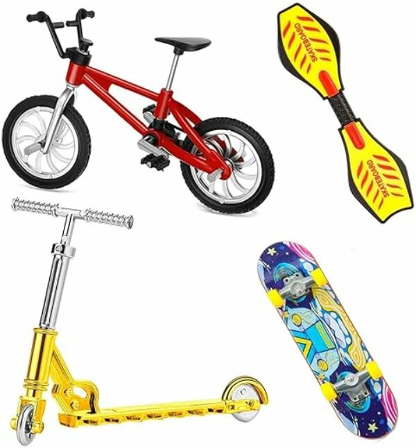 QINIFIFY Mini Finger Toy Set, 4 Stück Finger Skateboards Finger Fahrrad Finger Roller Finger Vitality Board Training Requisiten Fingerspitzen Bewegung Spielzeug Spiele für Kinder