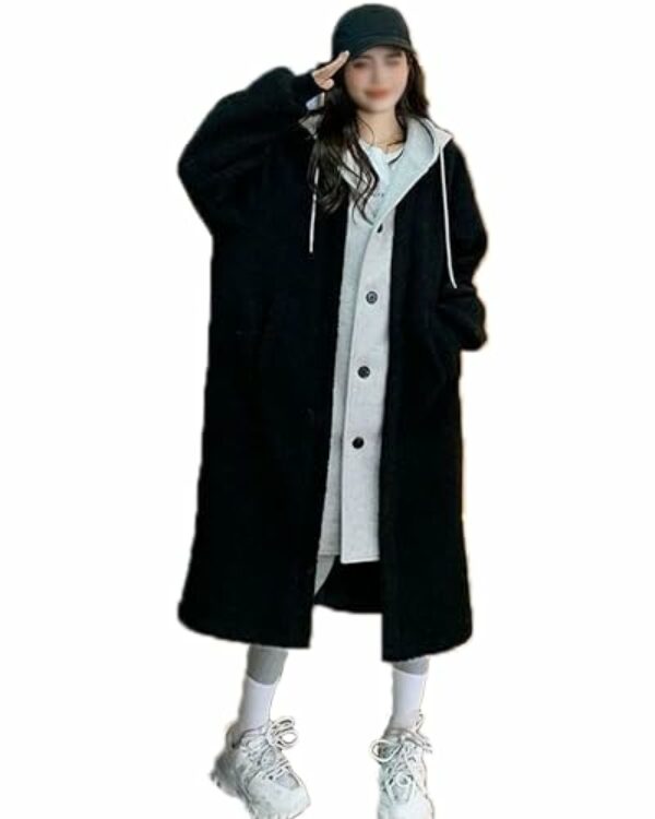 Seafly 2-Layered Faux Lambswool Hooded Coat Jacket Women's fashionable plush Coat Fancyliy Winter Warm Fleece Button Outwear (Black,M)