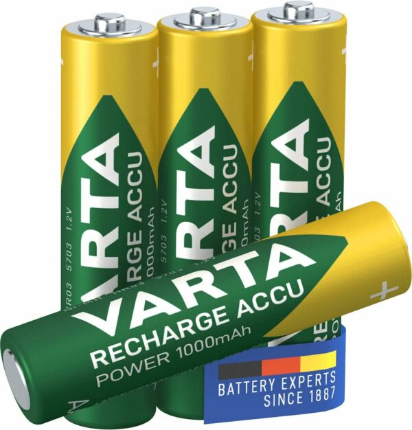 VARTA Batterien AAA, wiederaufladbar, 4 Stück, Recharge Accu Power, Akku, 1000 mAh Ni-MH, ohne Memory Effekt, vorgeladen, sofort einsatzbereit